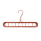 Nine-hole clothes hanger with curved hook and long bar, pink and dark red