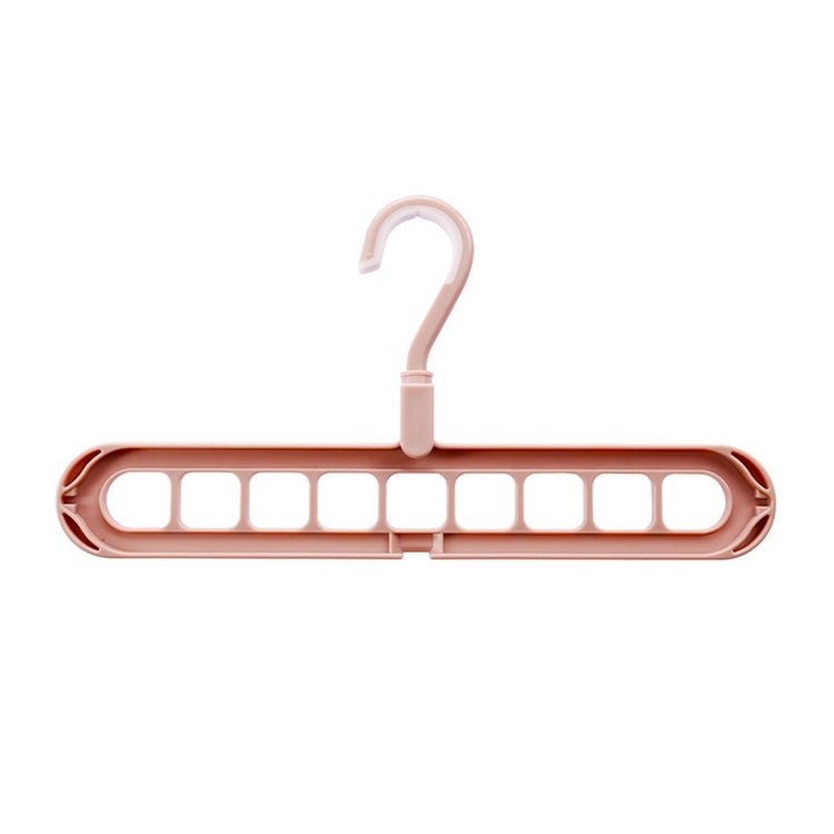 Nine-hole clothes hanger with curved hook and long bar, pink and dark red