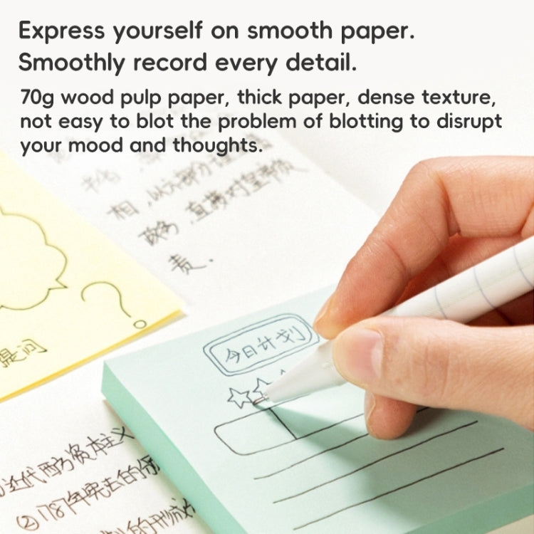 Pastel sticky note sheet with handwritten lines, self-adhesive backing
