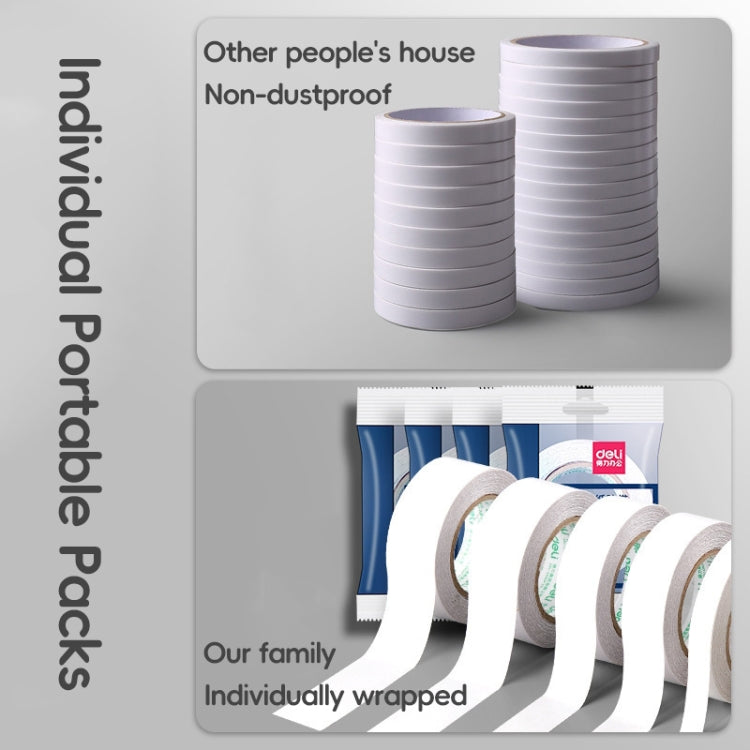 Double-sided adhesive tape rolls in plastic packaging and visible stacked spools
