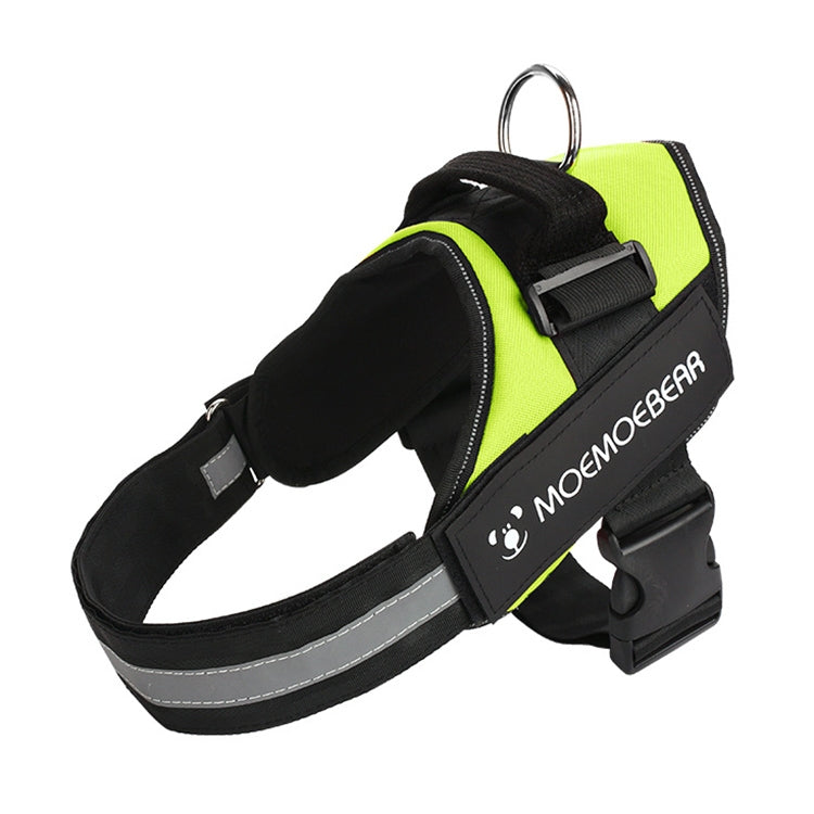 Dog chest traction harness with neon green panel, black padding, and reflective silver stripes.