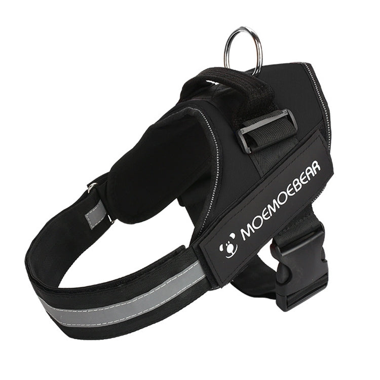 Pet dog chest harness with black body, front D-ring and reflective stripe