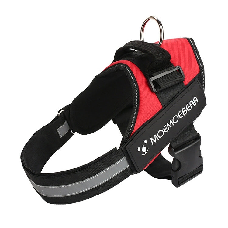 Pet dog chest harness with red panel, black padding, front D-ring and reflective stripe