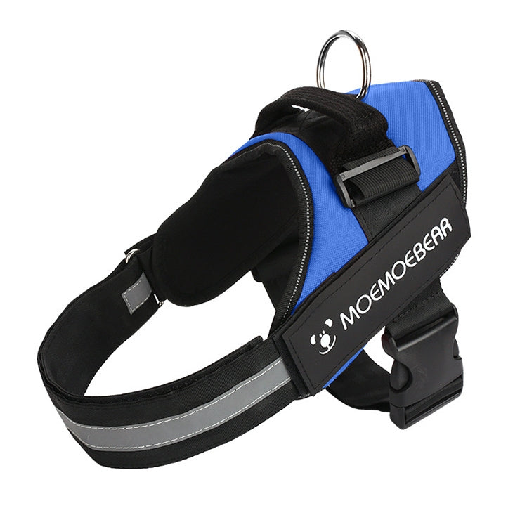 Dog chest traction harness with blue side panel, black padding, and reflective silver trim.