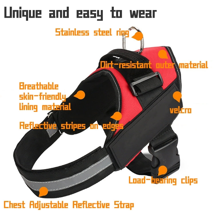 Dog chest traction harness with red panel, reflective stripes, adjustable strap, front clips.