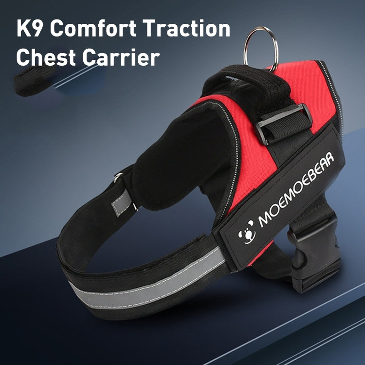 Red and black K9 chest traction dog harness with front strap and metal D-ring