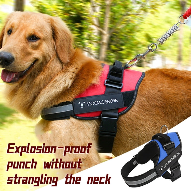 Brown dog wearing red and black K9 chest strap traction carrier with buckle
