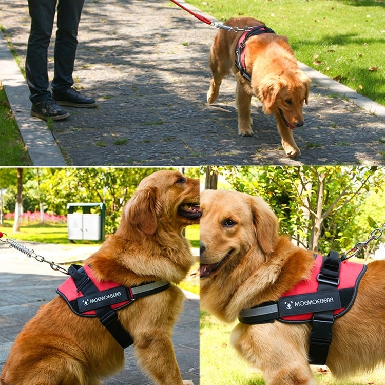 Two views of red and black dog chest strap traction harness with metal ring