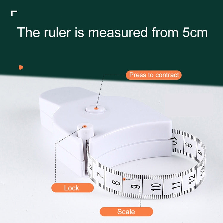 White automatic waist measurement ruler with coiled tape, lock slot, and numbered scale