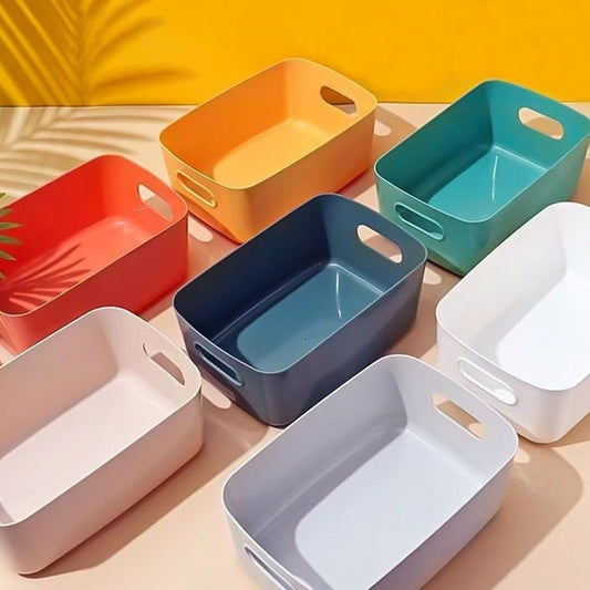 Set of 5 plastic snack storage baskets with side handles, assorted colors