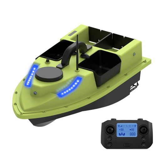 Lime remote fishing bait boat with blue LED lights, antenna, and included black controller
