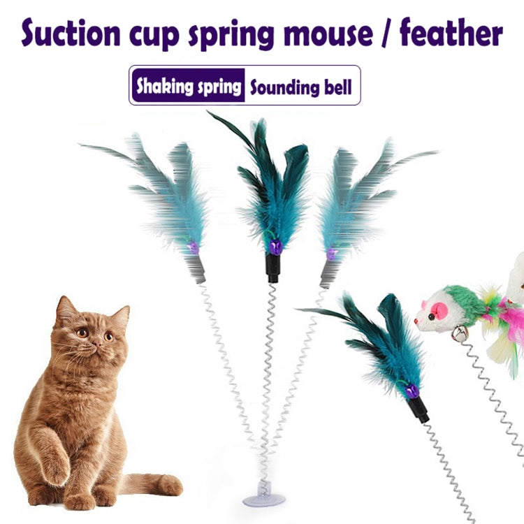 Cat feather stick toy set with spring suction base, teal feathers and plush mouse