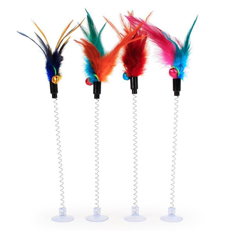 Cat feather stick toys with spring suction cups, assorted colorful feather tops