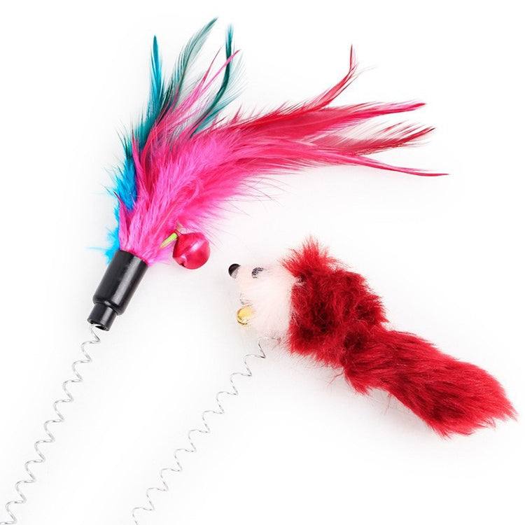 Cat feather stick toy with spring suction cup, pink and teal feathers with plush mice