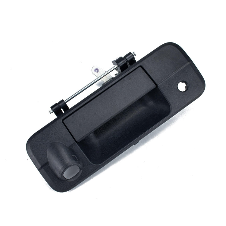 Black car tailgate handle with latch button and chrome actuator rod