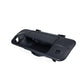Black car tailgate handle exterior with circular mounting hole and latch recess