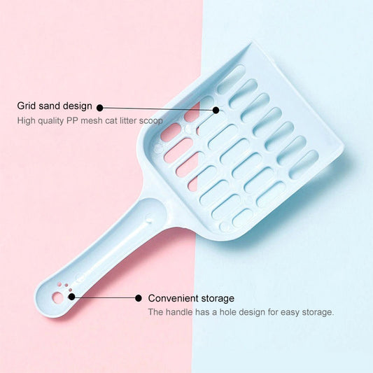 Blue cat litter scoop with wide perforated tray and hollow handle for easy storage