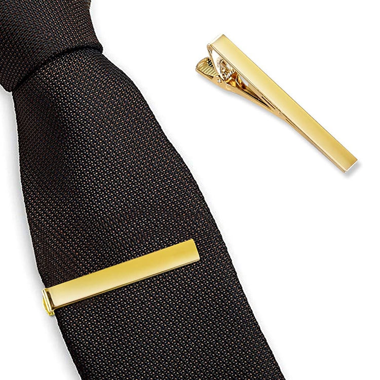 Gold electroplated tie clip with rectangular bar and spring clasp