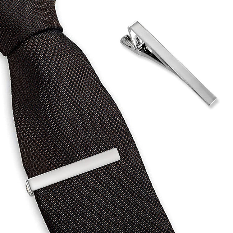 Silver electroplated tie clip with rectangular bar and spring hinge