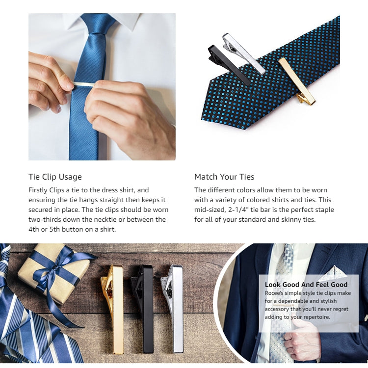Gold and silver tie clips with spring clamps on a dress tie