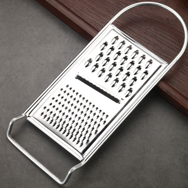 Stainless steel box grater with fine and coarse grating plates, arched handle