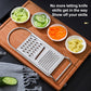Stainless steel vegetable grater with fine and coarse sides on a wooden board