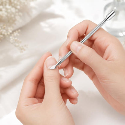 Nail care dead skin pusher tool with metal pointed end for cuticle cleanup