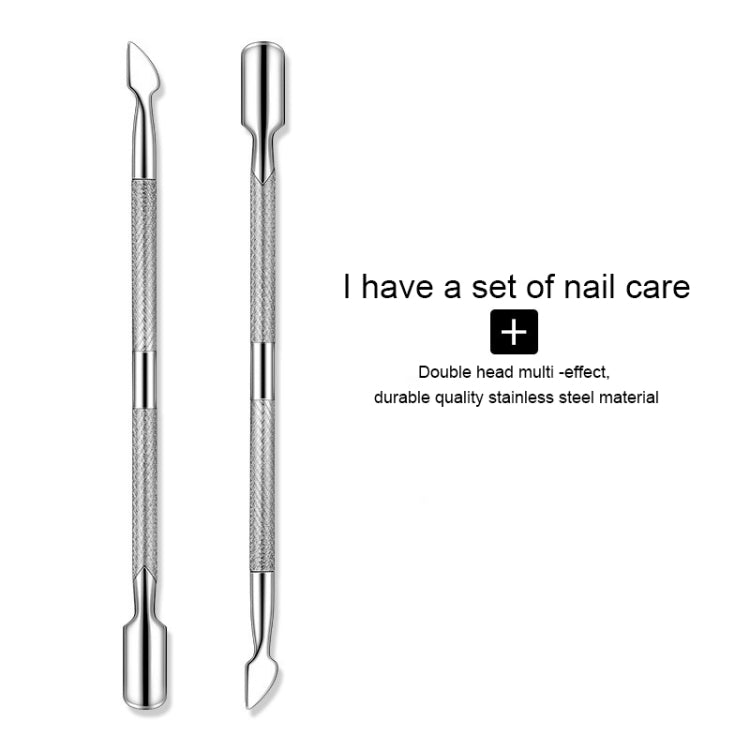Nail care nail pusher set with two stainless steel tools, double-ended design