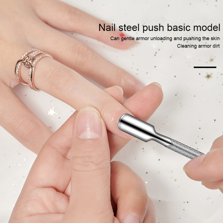 Nail steel pusher tool with pointed tip for gentle dead skin removal