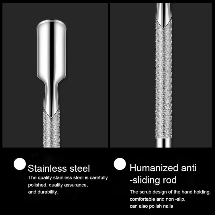 Stainless steel nail pusher tool with textured grip and smooth pointed scraper head