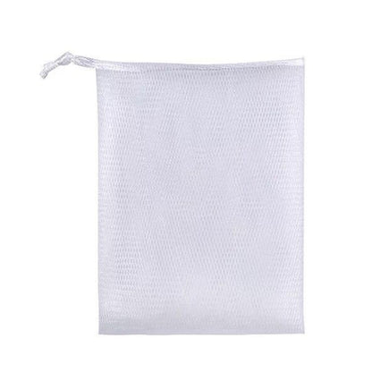 Small white mesh foaming net pouch with drawstring tie