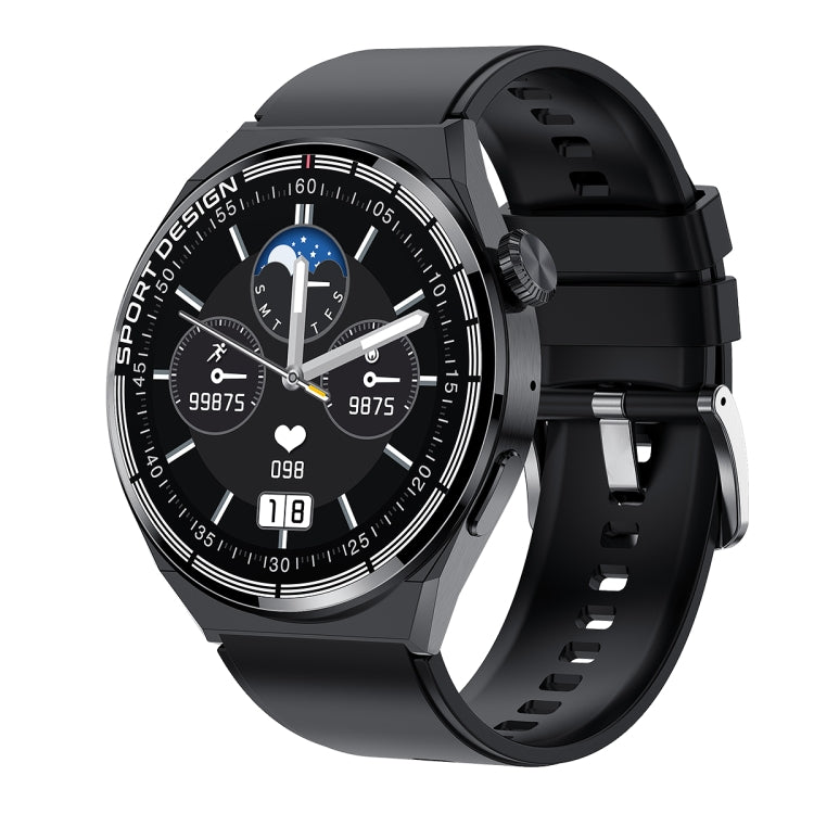 Black silicone band smartwatch with round black dial and multi-sport digital display