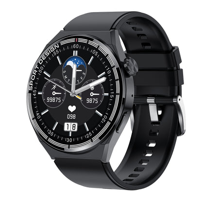 Black silicone band smartwatch with round black dial and multi-sport digital display
