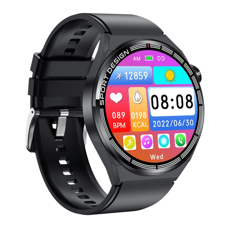Black silicone band smartwatch with colorful app screen and large time display