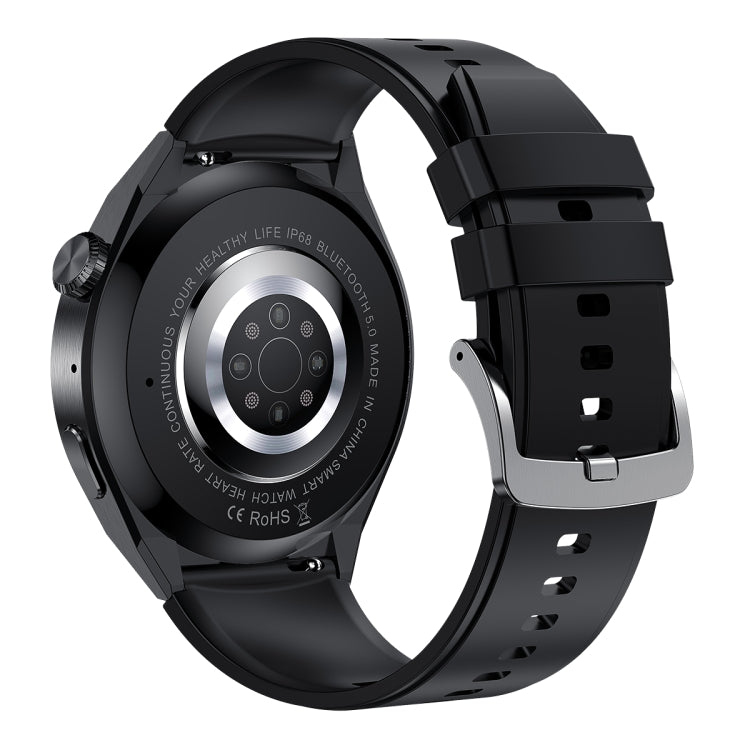 Black smartwatch with black silicone strap and visible rear sensor plate