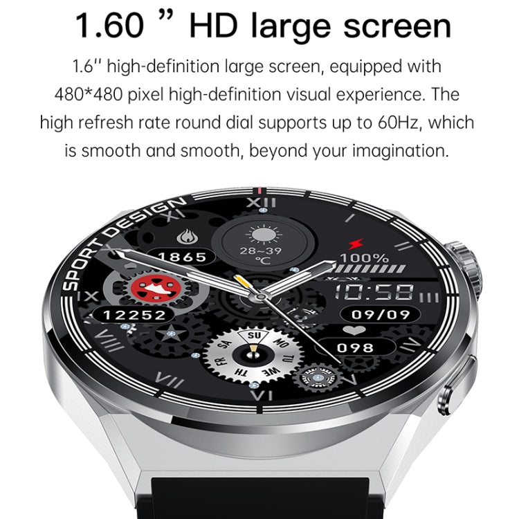 Black smartwatch with large round face, silver bezel, and sport dial details