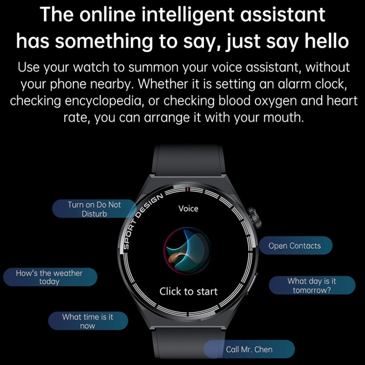 Black smart watch with black silicone strap and round dial with multicolor icons.