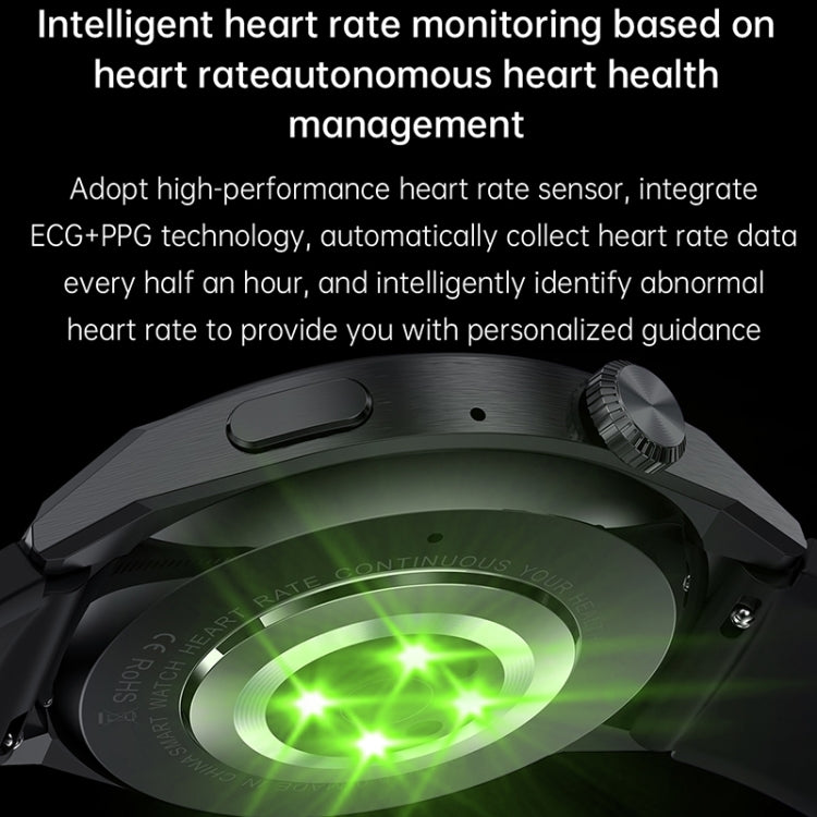 Black smartwatch with green heart-rate glow visible through the dial window.