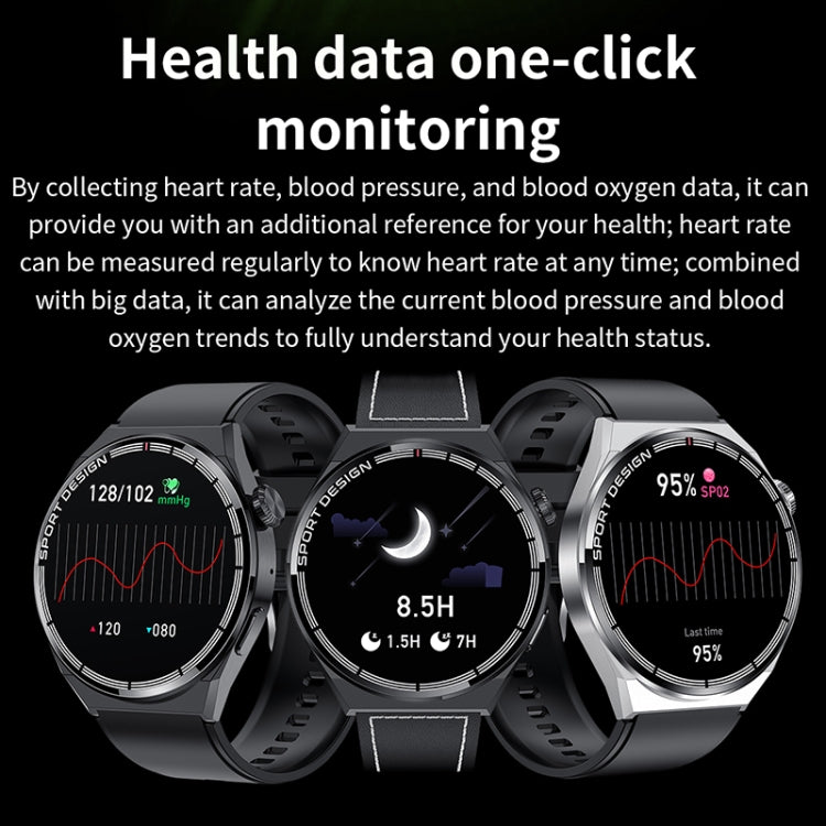Black smartwatch with health graphs on dial and black silicone band.