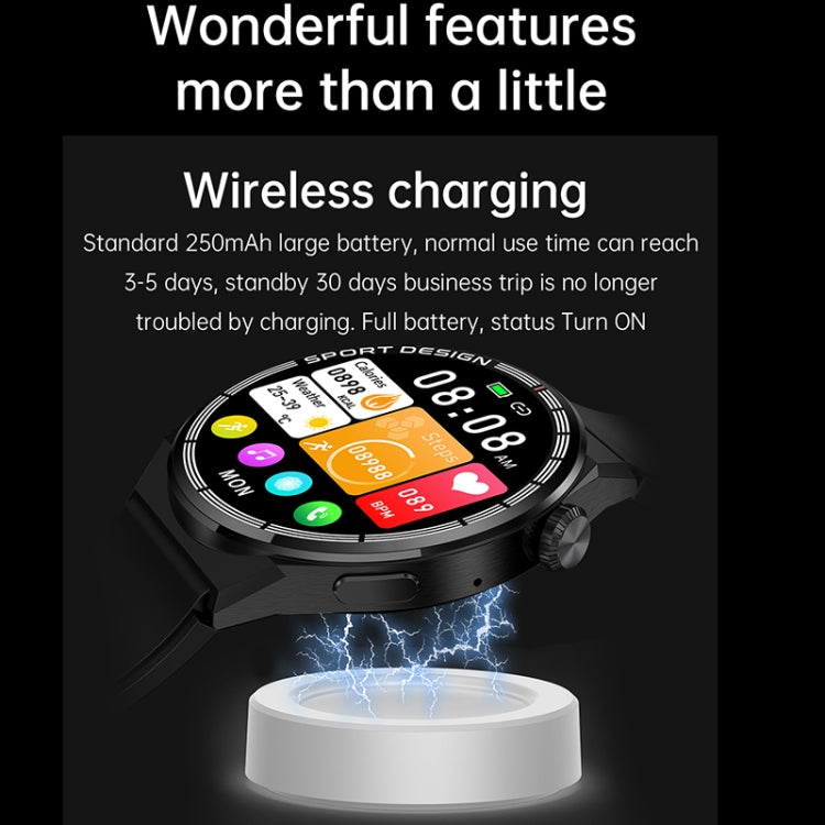 Black smartwatch with colorful activity icons and wireless charging dock.