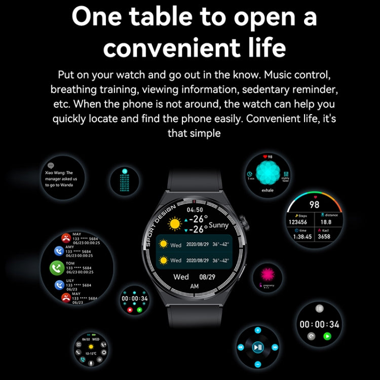 Black smartwatch with round dial and black silicone band.
