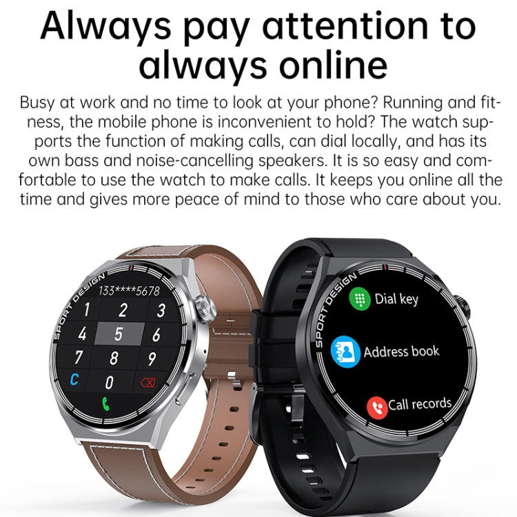 Two round smartwatches: black silicone strap model and brown strap model, side by side
