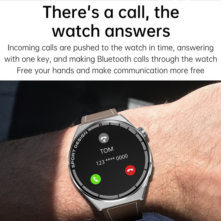Smartwatch on wrist with black dial showing call icon and contact numbers