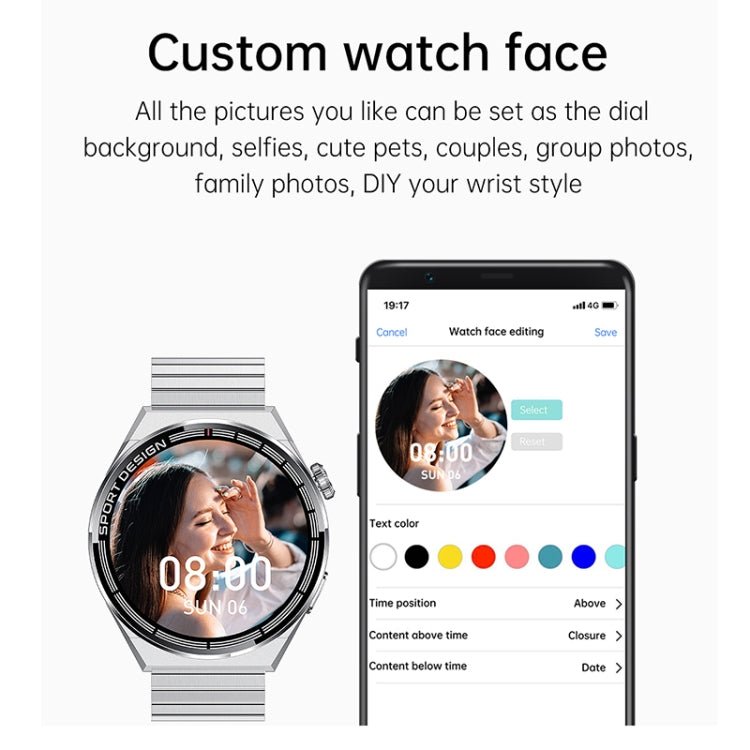 Black silicone band smartwatch showing dial editor preview on screen