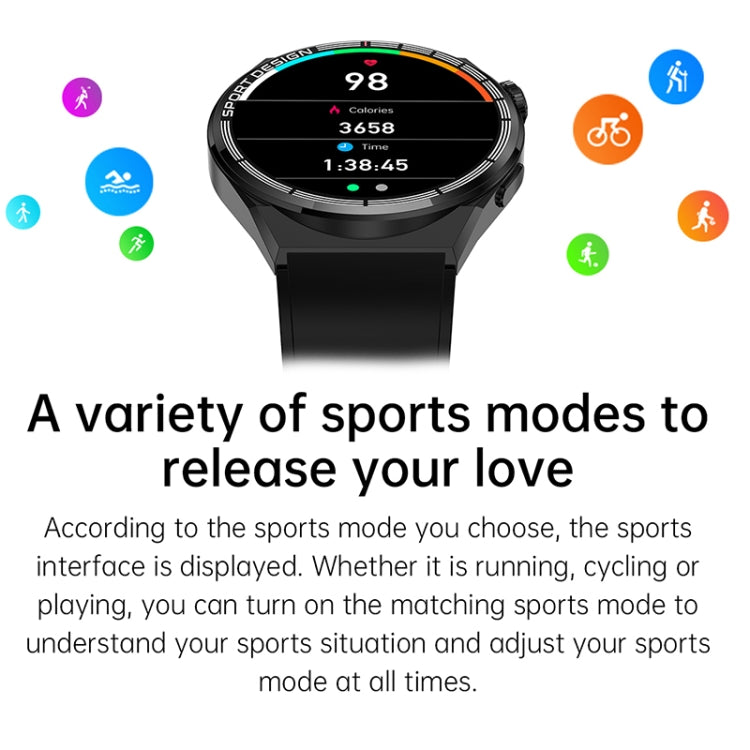 Black silicone band smartwatch displaying sports metrics and activity icons