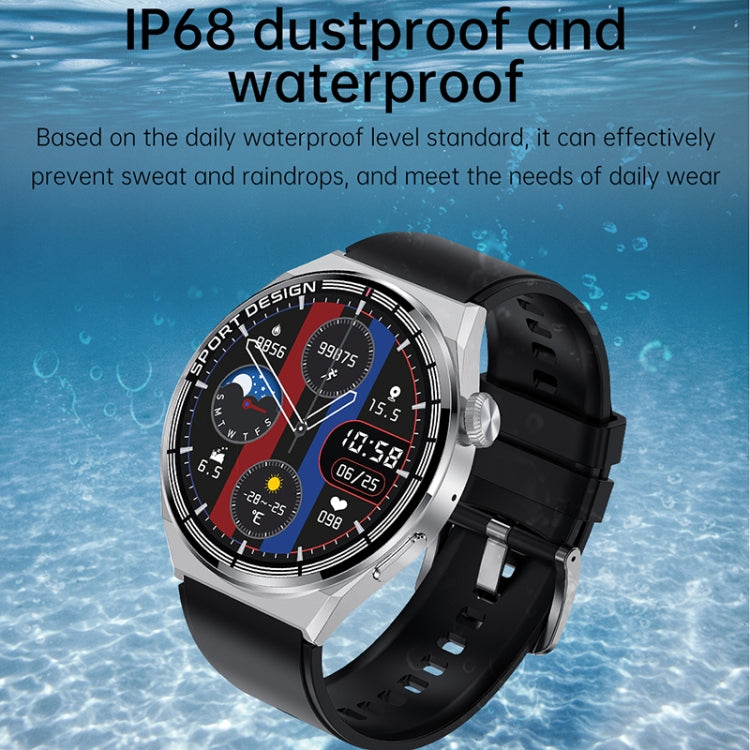 Black silicone band smartwatch with water splash and IP68 waterproof label