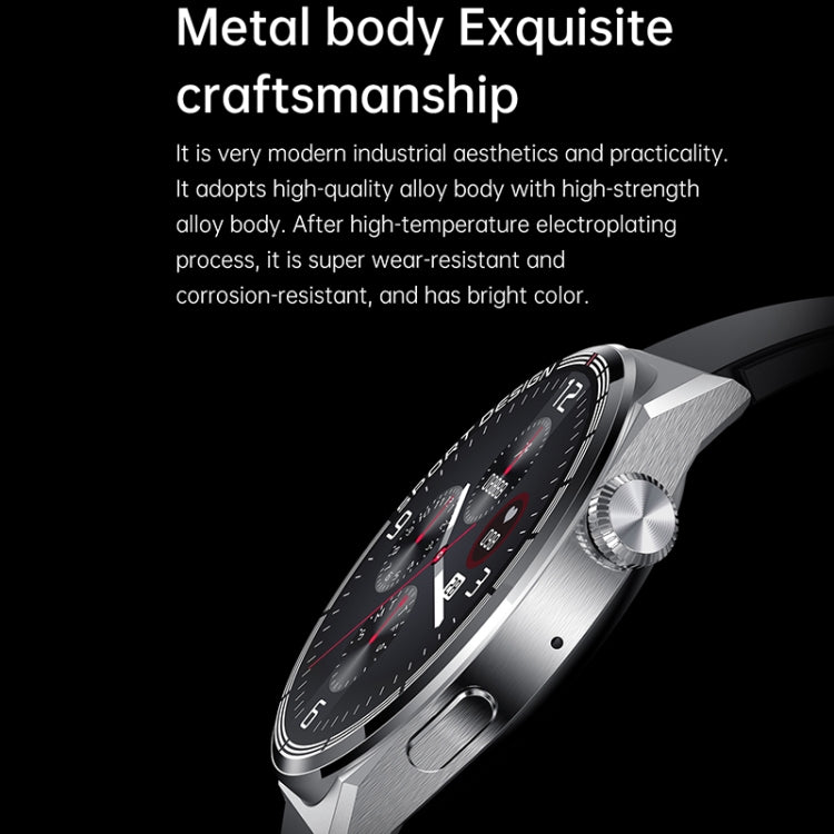 Black smart watch with metallic silver case, black dial, and silicone strap.