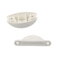 White semicircular RV hatch retainer pieces, one split-base and one bar handle