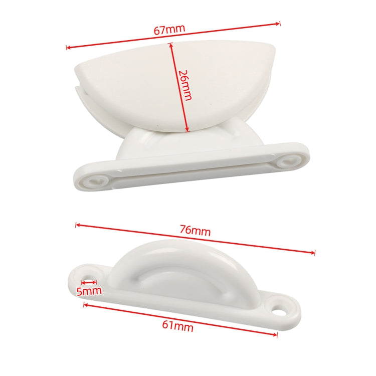 Semicircular white RV hatch retainer with bar handle; size dimensions shown