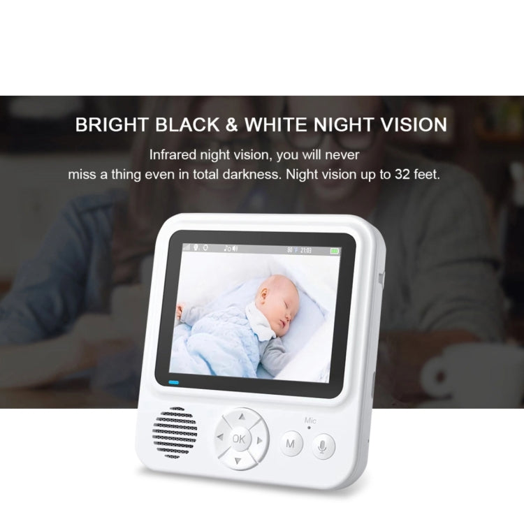 Wireless baby video monitor with white parent unit, built-in speaker, night vision